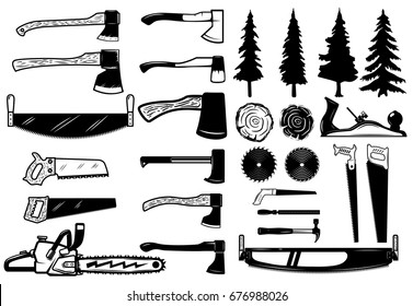 Set of carpenter tools, wood and trees icons. Design elements for logo, label, emblem, sign. Vector illustration