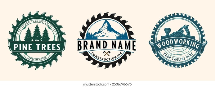 SET carpenter vintage logo design. ax pine tree mountain and saw icon, for carpentry, furniture, construction and home improvement.