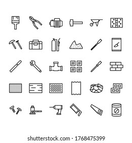 Conjunto de material de icono de esquema de construcción de carpintería. Martillo, uñas, sierra, madera, arena, cemento, caja de herramientas y más