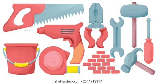 set of carpentry illustration element for design. cute and playful concept. furniture, tools, woodworking, restoration and repair themes