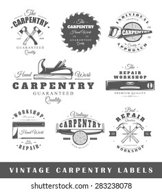 Set of carpentry labels. Elements for design on the carpentry theme. Collection of carpentry symbols. Modern labels of carpentry. Emblems and logos of carpentry. Vector illustration