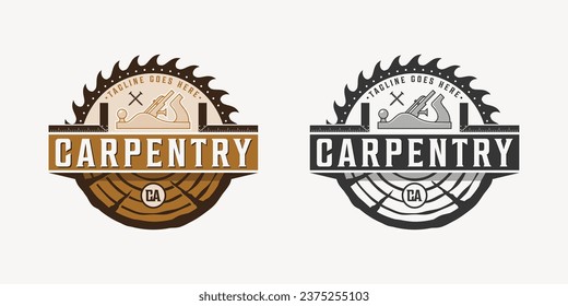 Set carpentry logo emblem vintage with carpenter tools, spokeshave, square rule, saw blade, and iron nails. Woodworking logo vector design template silhouette isolated