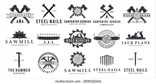 set of carpentry logo vintage vector illustration template design. bundle collection of various craftsman or carpenter equipment sawmill hammer ax nails wooden lumberjack jack plane logo icon design