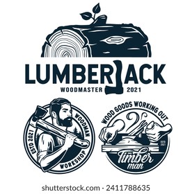 Set of carpentry logos with jointer, axe and saw for timber or wood industry. Professional lumberjack. Lumber work for joiner craft studio