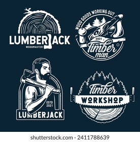 Set of carpentry logos with jointer, axe and saw for timber or wood industry. Professional lumberjack. Lumber work for joiner craft studio