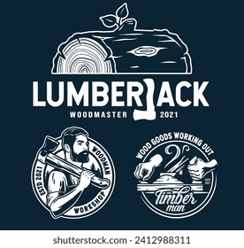 Set of carpentry logos with jointer, axe and saw for timber or wood industry. Professional lumberjack. Lumber work for joiner craft studio