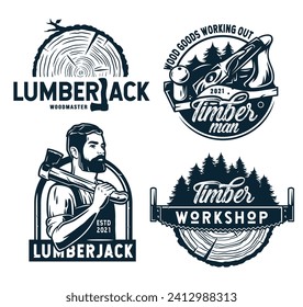 Set of carpentry logos with jointer, axe and saw for timber or wood industry. Professional lumberjack. Lumber work for joiner craft studio