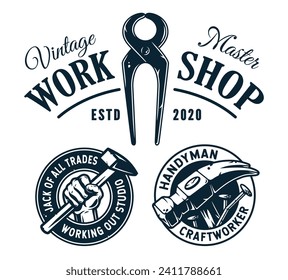 Set of carpentry logos with tongs, hammer and nails for workshop or craft studio. Carpenter tool for repair, professional carpentry work