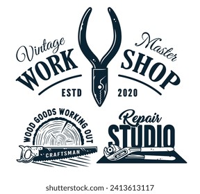 Conjunto de logotipos de carpintería con tonificaciones, martillo y uñas para taller o estudio artesanal. Herramienta Carpintero para reparación, carpintería profesional
