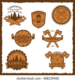 Set of carpentry, lumberjack, sawmill and woodwork labels.