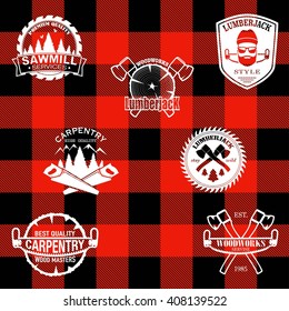 Set of carpentry, lumberjack, sawmill and woodwork labels.