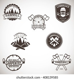 Set of carpentry, lumberjack, sawmill and woodwork labels.