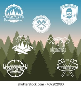 Set of carpentry, lumberjack, sawmill and woodwork labels.