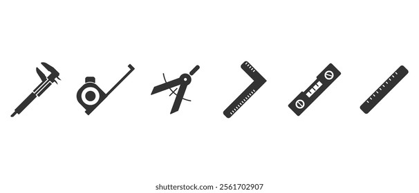 Set of carpentry measuring tools icons. Carpentry equipment icon. Work tools. Collection of repair and construction tools in flat style vector illustration on transparent background.