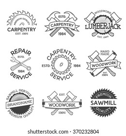 Set of carpentry, repair, lumberjack, sawmill and woodwork labels isolated on white background. Stamps, banners and design elements. Wood work and manufacture label templates. Vector illustration