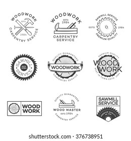 Set of carpentry service, sawmill and woodwork labels isolated on white background. Stamps, banners and design elements. Wood work and manufacture label templates. Vector illustration