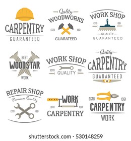Set of carpentry service, sawmill and woodwork labels isolated. Stamps, carpentry logo banners and design elements. Wood work and manufacture label templates. Construction tool logo vector set.