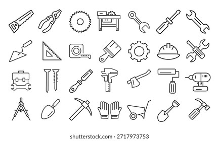 Conjunto de iconos de dibujo de línea de herramientas de carpintería: Vector monocromo, iconos de dibujo de línea de equipos de carpintería: Vector monocromático simple
