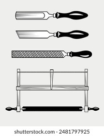 Conjunto de herramientas de carpintería sobre fondo blanco. Ilustración vectorial gráfica