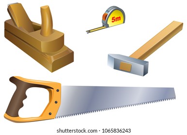 A set of carpentry tools: plane, tape measure, hammer, hacksaw on a white background. Vector image.