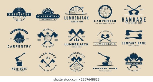 set of carpentry vector logo illustration design, lumberjack logo , axes , wood design template