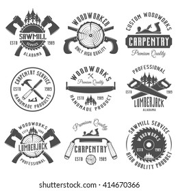 Set of carpentry, woodworkers, lumberjack, sawmill service monochrome vector labels, emblems and logos isolated on white background