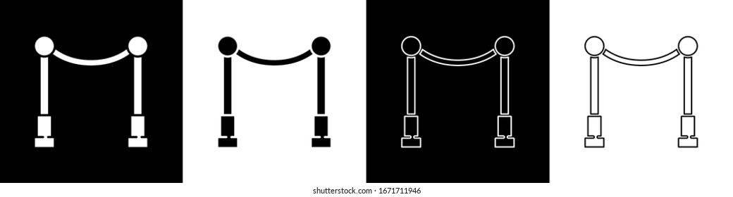 Coloque la alfombra con el icono de las barreras aislado en fondo blanco y negro. Evento VIP, celebración de lujo. Entrada a la fiesta de la celebridad.  Ilustración vectorial