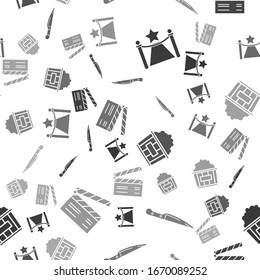 Set Carpet with barriers and star , Knife , Popcorn in cardboard box  and Movie clapper  on seamless pattern. Vector