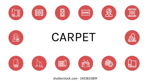 Set of carpet icons such as Yoga mat, Carpet, Doormat, Muslim, Islam, Roll, Vacuum cleaner, Red carpet, Actress ,