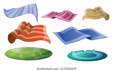 Set of carpets. Collection of multicolored interior elements. Creating comfort and coziness in house, mats with various shapes. Cartoon realistic vector illustrations isolated on white background