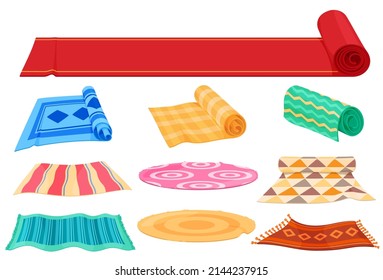 Set of carpets on the floor. Twisted into carpet rolls. Red carpet. Vector illustration on white background.