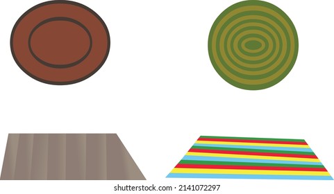 Set of carpets or rugs of different shapes, designs and colors. Floor covering, mats with fringed edges, cozy home decoration isolated on white background, Cartoon vector illustration