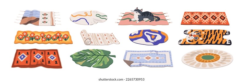 Set of carpets or rugs of different shapes, designs and colors, with various pattern and tassels. Floor covering, interior decor, mats with fringed edges, cozy home decoration isolated. Cat on carpet