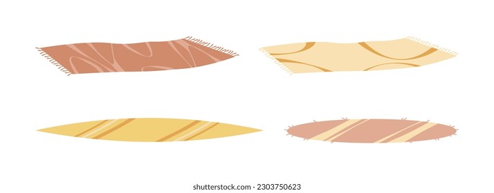 Set of carpets or rugs of different shapes, mats for stretching. Floor covering, interior decor, mats with fringed edges, cozy home decoration, flat cartoon vector illustration