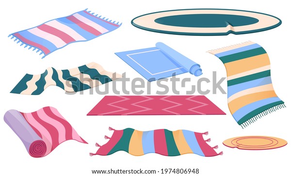 Set of carpets or rugs of different shapes,\
designs and colors. Floor covering, interior decor, mats with\
fringed edges, cozy home decoration isolated on white background,\
Cartoon vector\
illustration