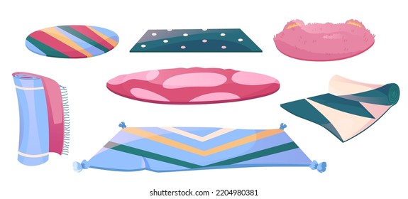 Set of carpets or rugs, floor covering, interior decor of different shapes, designs and colors. Mats with fringed edges, cozy home decoration isolated on white background, Cartoon vector illustration