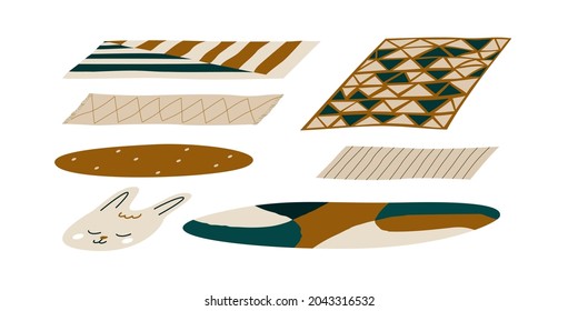 Set carpets various shapes, colors. Floor covering, interior decor, combined with fringe at edges, cozy home, isolated white background, Cartoon vector illustration. Children, kitchen, picnic, prayer.