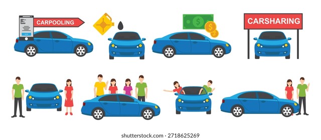 Conjunto de iconos de coche compartido Ilustración vectorial