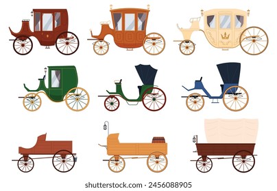 A set of carriages and wagons. Ancient transportation with the help of horses. Beautiful elegant carriages. Vector illustration