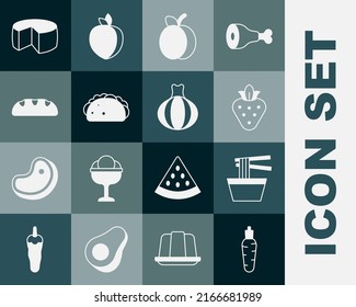 Set Carrot, Asian noodles in bowl, Strawberry, Plum fruit, Taco with tortilla, Bread loaf, Cheese and Onion icon. Vector