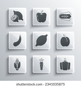 Set Carrot, Bell pepper, Plum fruit, Lemon, Corn, Eggplant,  and Cabbage icon. Vector