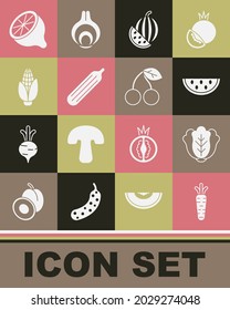 Set Carrot, Cabbage, Watermelon, Fresh cucumber, Corn, Lemon and Cherry icon. Vector