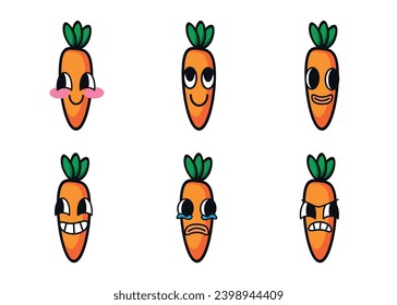 Set of carrot cartoon with many expressions. Retro design vector illustration of carrot on white background. Mascot faces