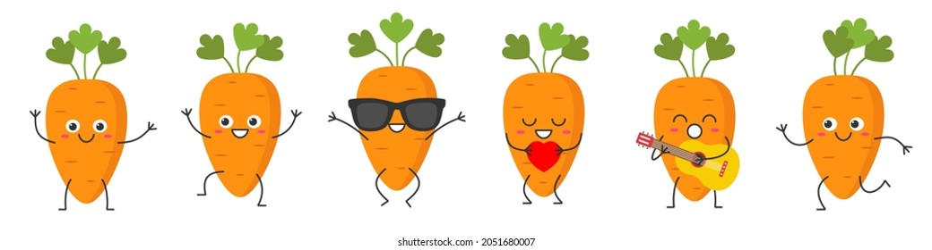 Set carrot character cartoon emotions joy happiness smiling face jumping running loves sings icon vegetables beautiful vector illustration.