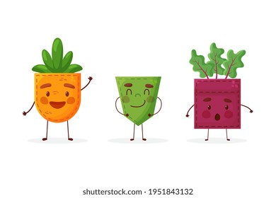 Set carrot cucumber beet shaped patch pocket. Character pocket carrot cucumber beet. Cartoon style. Isolated