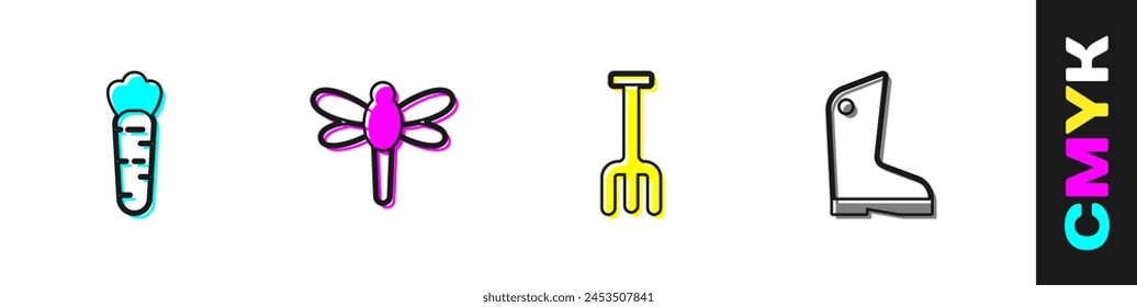 Set Carrot, Dragonfly, Garden rake and Rubber gloves icon. Vector