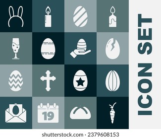 Set Carrot, Easter egg, Broken, Wine glass, Mask with long bunny ears and Human hand and easter icon. Vector