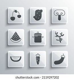 Set Carrot, Eggplant, Ginger root, Cooking pot, Watermelon, Cherry and Mushroom icon. Vector