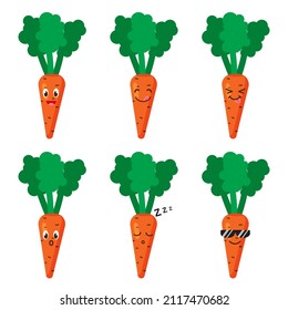 Set of carrot emojis. Kawaii style icons, vegetable characters. Vector illustration in cartoon flat style. Set of funny smiles or emoticons. Good nutrition and vegan concept. illustration for kids. 