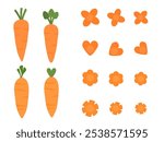 Set of carrot with green leaves logo signs, flower shaped carrot and heart shaped carrot icon set isolated on white background vector. 